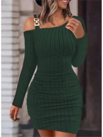 Sexy Chain Off Shoulder Μίνι Φόρεμα Γυναικεία Φθινοπωρινή Μόδα Bodycon Φορέματα Μακρυμάνικα Γυναικεία Χειμερινά Skinny Knitted Vestidaos