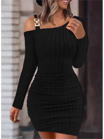 Sexy Chain Off Shoulder Μίνι Φόρεμα Γυναικεία Φθινοπωρινή Μόδα Bodycon Φορέματα Μακρυμάνικα Γυναικεία Χειμερινά Skinny Knitted Vestidaos