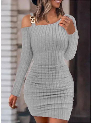 Sexy Chain Off Shoulder Μίνι Φόρεμα Γυναικεία Φθινοπωρινή Μόδα Bodycon Φορέματα Μακρυμάνικα Γυναικεία Χειμερινά Skinny Knitted Vestidaos