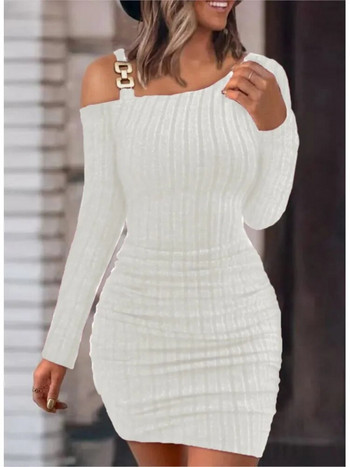 Sexy Chain Off Shoulder Μίνι Φόρεμα Γυναικεία Φθινοπωρινή Μόδα Bodycon Φορέματα Μακρυμάνικα Γυναικεία Χειμερινά Skinny Knitted Vestidaos