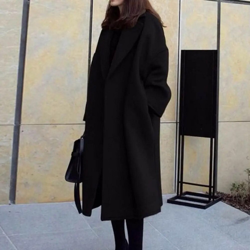 Dámsky kabát, jeseň/zima, hrubý vlnený dlhý kabát, vintage výstrih do V s dlhým rukávom a vreckami, bundy, móda 2023, elegantné dámske kabáty