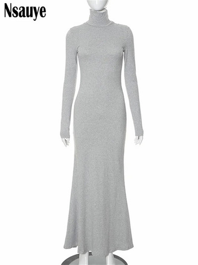 Nsauye Maxi Bodycon Kleit Naiste pikkade varrukatega varustus Elegantne mood Seksikas peoõhtune klubi, must talvekleit kilpkaelusega