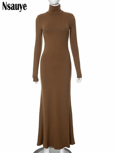 Nsauye Maxi Bodycon Kleit Naiste pikkade varrukatega varustus Elegantne mood Seksikas peoõhtune klubi, must talvekleit kilpkaelusega