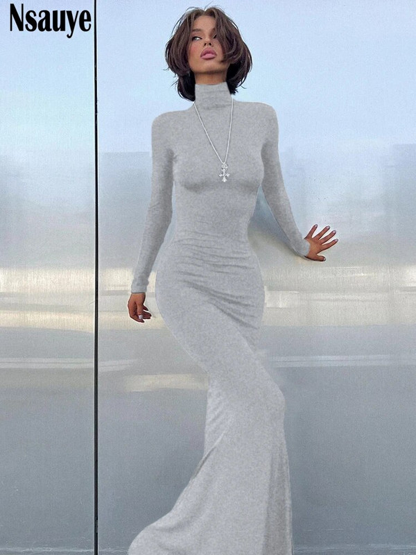 Nsauye Maxi Bodycon Kleit Naiste pikkade varrukatega varustus Elegantne mood Seksikas peoõhtune klubi, must talvekleit kilpkaelusega