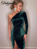 Dulzura Solid, pikkade varrukatega, ühe õlaga, lõhikuga, sametine midikleit Bodycon Seksikas peokleit Elegantne õhtune jõulud 2021 sügis