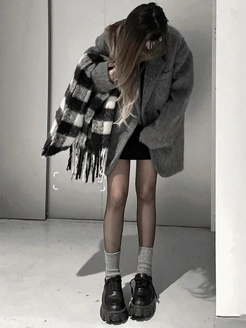 Lautaro Φθινοπωρινό Χειμώνας Γκρι Μαύρο Ζεστό μαλακό μάλλινο σακάκι Γυναικείο μακρυμάνικο μονόστηθο Κορεάτικη μόδα Νέα σε παλτό και μπουφάν