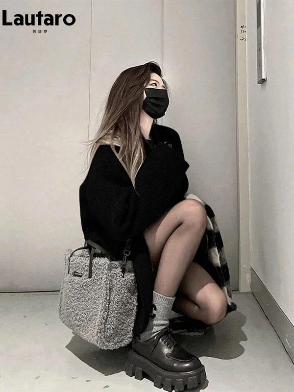 Lautaro sügistalvhall must soe pehme villane bleiser naiste pikkade varrukatega üherealine Korea mood Uus mantlid ja jakid