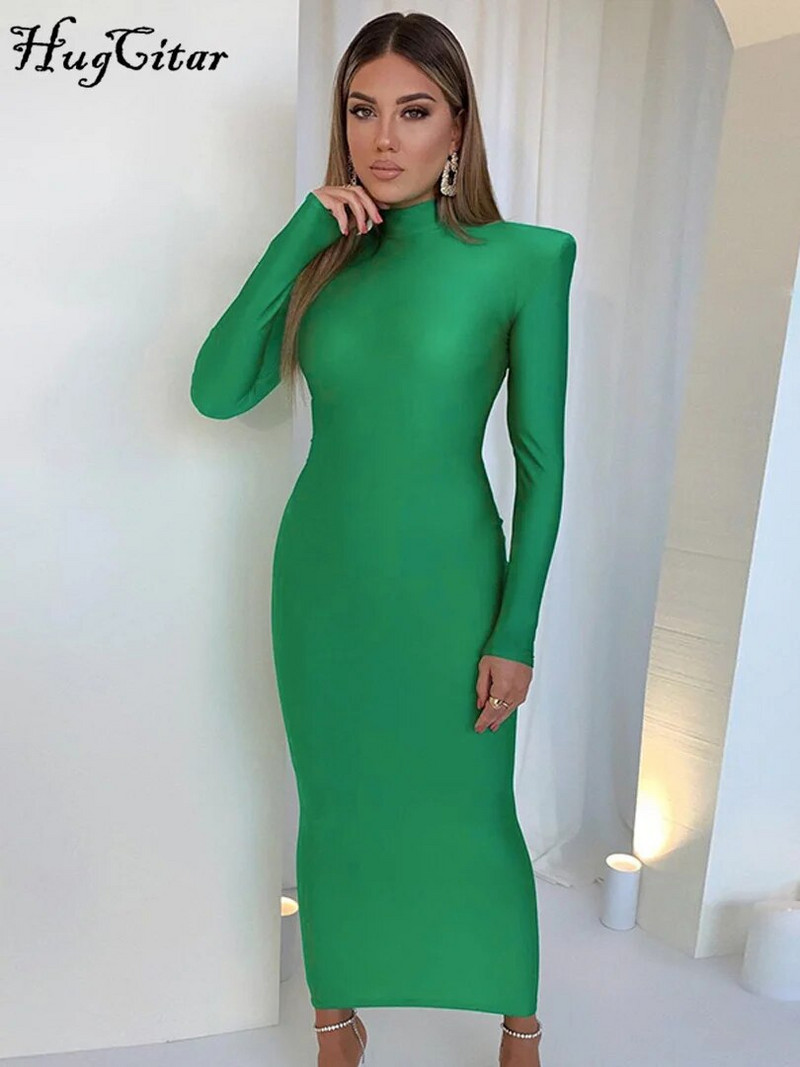 Hugcitar Solid pikkade varrukatega õlakoojenditega kilpkaelusega maksikleit 2022 uusaasta naiste mood tänavarõivad, elegantsed kõhnad