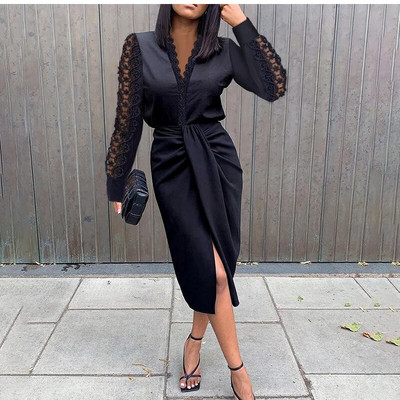 WYBLZ Ženska čipkasta haljina s V-izrezom 2022. Novogodišnja crno-bijela haljina Nova modna elegantna haljina dugih rukava za zabave za žene Robe Femme