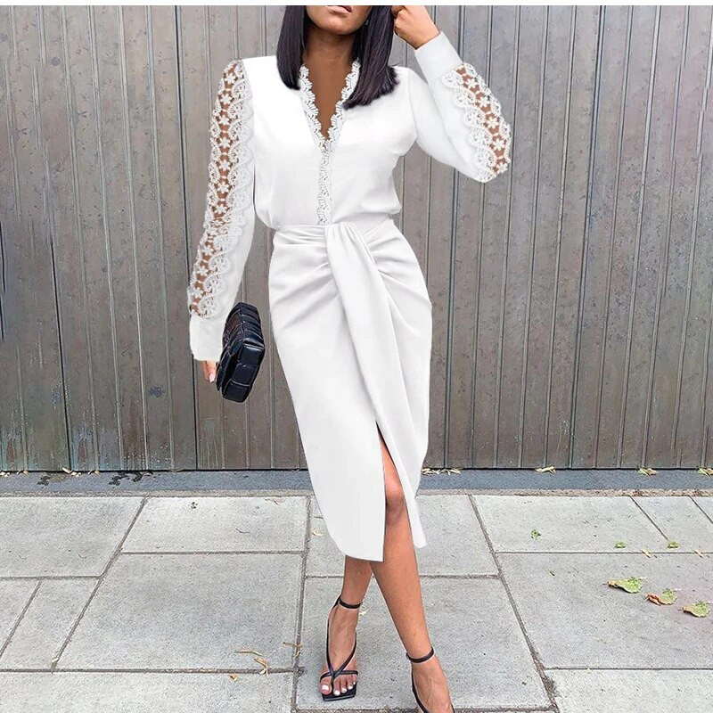 WYBLZ Ženska čipkasta haljina s V-izrezom 2022. Novogodišnja crno-bijela haljina Nova modna elegantna haljina dugih rukava za zabave za žene Robe Femme