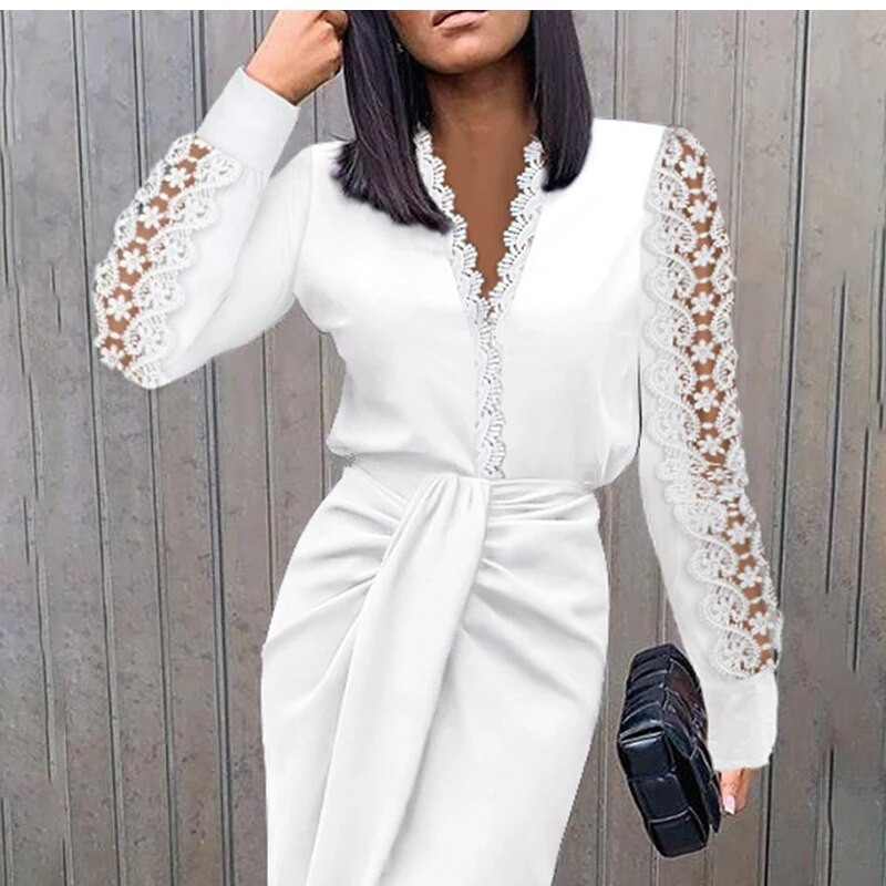 WYBLZ Ženska čipkasta haljina s V-izrezom 2022. Novogodišnja crno-bijela haljina Nova modna elegantna haljina dugih rukava za zabave za žene Robe Femme