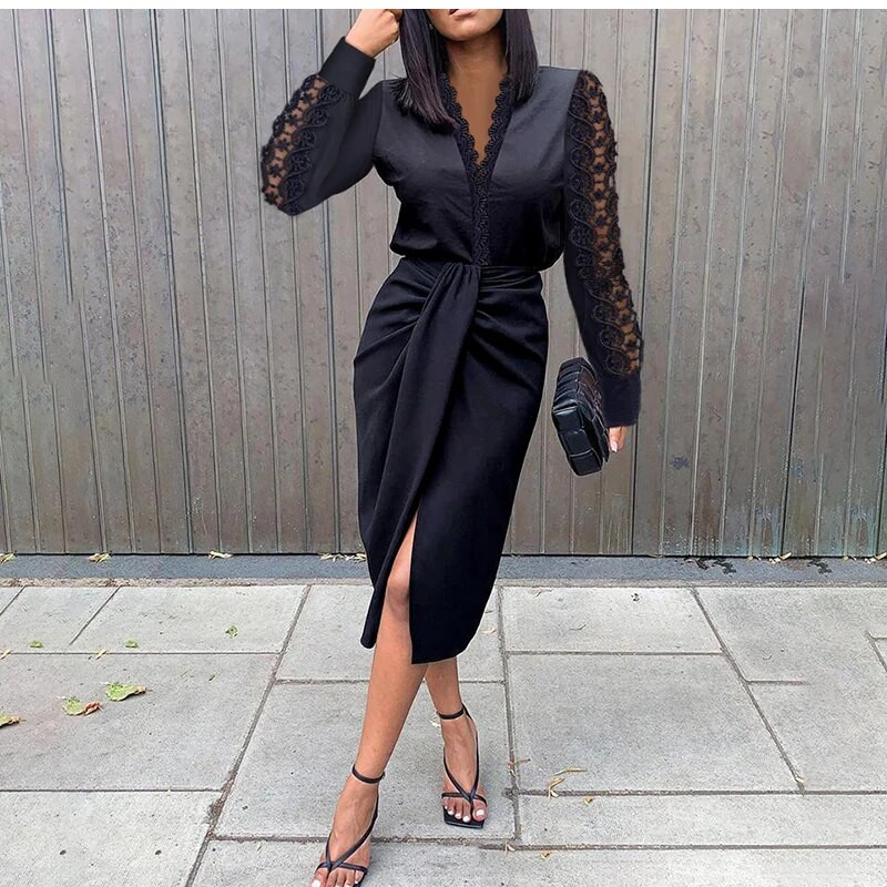 WYBLZ Ženska čipkasta haljina s V-izrezom 2022. Novogodišnja crno-bijela haljina Nova modna elegantna haljina dugih rukava za zabave za žene Robe Femme