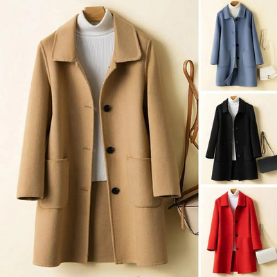 Lapel Long Sleeves Pockets Thickened Warm Women Coat Autumn Winter Buttons Placket Solid Double-sided Woolen Outerwear