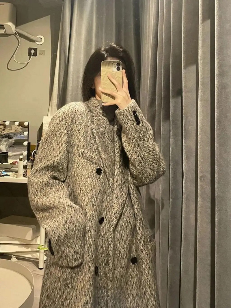 Retro temperamendi kalasabamustriga mantel 2023. aasta talvine naiste kaherealine villased mantlid kontoris Lday paksud mood pikad mantlid