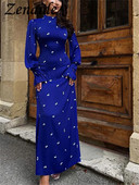 Zenaide 2023. gada apdrukāta pārsēja modes kleita ar apkakli, eleganta satīna ballīte ziemas ikdienišķa izmēra kleitas ar garām piedurknēm.