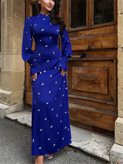 Zenaide 2023. gada apdrukāta pārsēja modes kleita ar apkakli, eleganta satīna ballīte ziemas ikdienišķa izmēra kleitas ar garām piedurknēm.