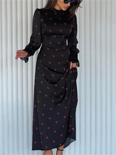 Zenaide 2023. gada apdrukāta pārsēja modes kleita ar apkakli, eleganta satīna ballīte ziemas ikdienišķa izmēra kleitas ar garām piedurknēm.