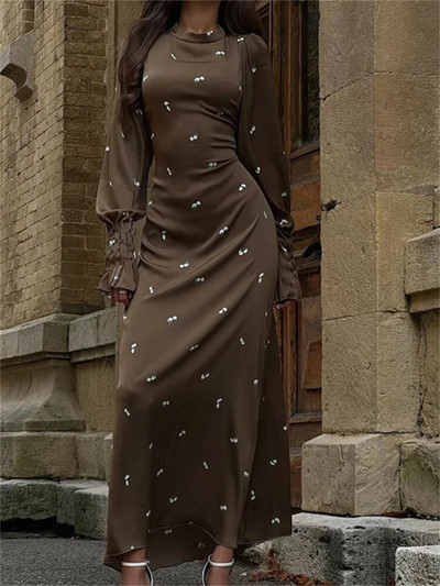 Zenaide 2023. gada apdrukāta pārsēja modes kleita ar apkakli, eleganta satīna ballīte ziemas ikdienišķa izmēra kleitas ar garām piedurknēm.