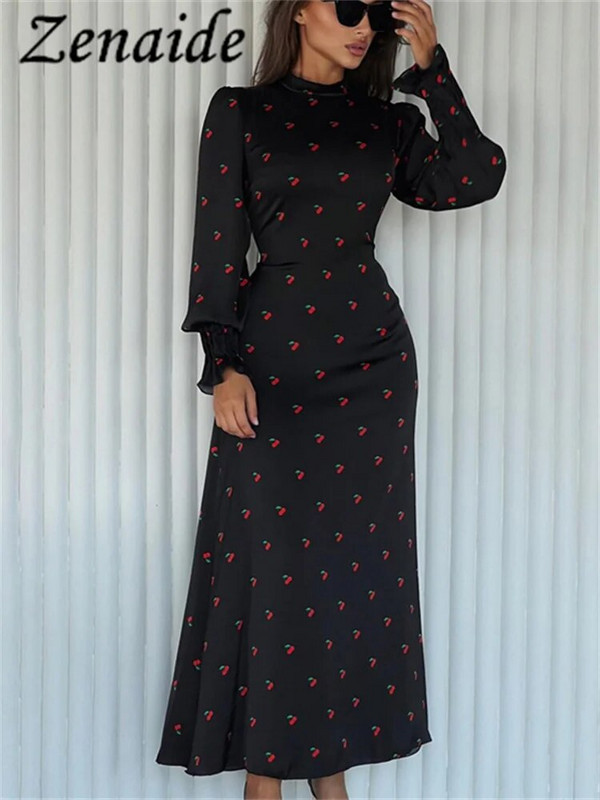 Zenaide 2023. gada apdrukāta pārsēja modes kleita ar apkakli, eleganta satīna ballīte ziemas ikdienišķa izmēra kleitas ar garām piedurknēm.