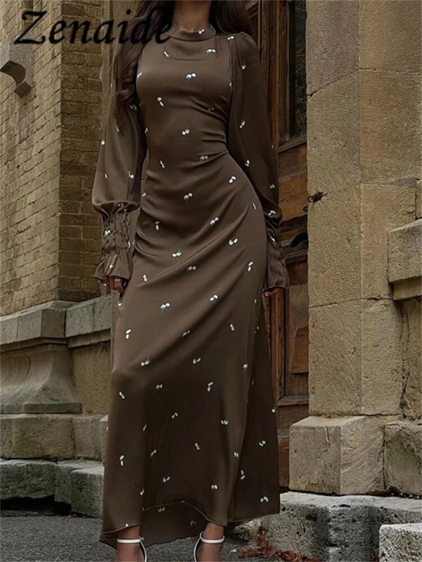 Zenaide 2023. gada apdrukāta pārsēja modes kleita ar apkakli, eleganta satīna ballīte ziemas ikdienišķa izmēra kleitas ar garām piedurknēm.