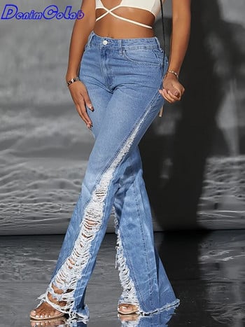 Denimcolab Fashion Leg Side Hole Flare Παντελόνι Ψηλόμεσο Γυναικείο Τζιν Σέξι τζιν παντελόνι γυναικείο παντελόνι με τζιν καθημερινό παντελόνι