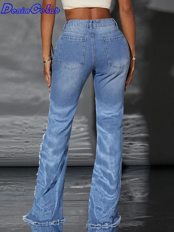 Denimcolab Fashion Leg Side Hole Flare püksid kõrge vöökohaga naiste teksad Seksikad narmastega teksapüksid Naiste vabaaja teksapüksid