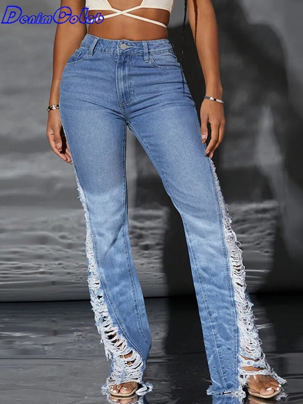 Denimcolab Fashion Leg Side Hole Flare püksid kõrge vöökohaga naiste teksad Seksikad narmastega teksapüksid Naiste vabaaja teksapüksid