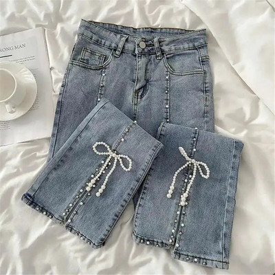 Jesen slatke lepršave traper hlače s visokim strukom Ženske elegantne elegantne šik hlače s perlama i čizmama, šišane hlače za djevojčice Vintage Fairy Jeans