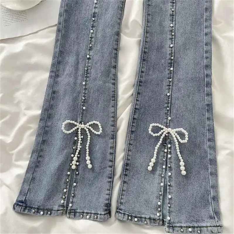 Jesen slatke lepršave traper hlače s visokim strukom Ženske elegantne elegantne šik hlače s perlama i čizmama, šišane hlače za djevojčice Vintage Fairy Jeans
