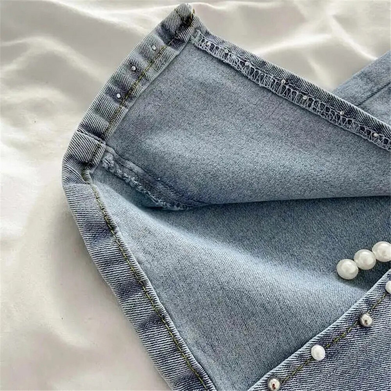 Jesen slatke lepršave traper hlače s visokim strukom Ženske elegantne elegantne šik hlače s perlama i čizmama, šišane hlače za djevojčice Vintage Fairy Jeans