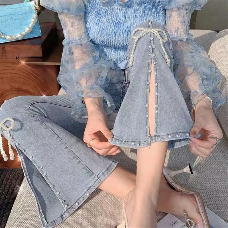 Jesen slatke lepršave traper hlače s visokim strukom Ženske elegantne elegantne šik hlače s perlama i čizmama, šišane hlače za djevojčice Vintage Fairy Jeans