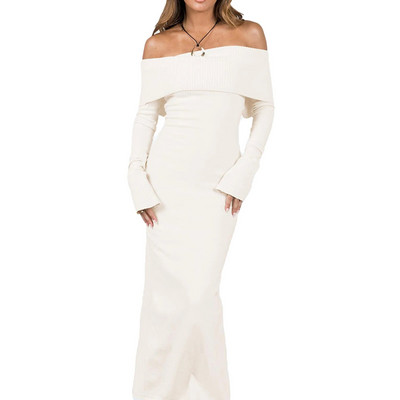 Naiste kevad-sügis õlgadeta kleit, ühevärviline lõhikuga pikkade varrukatega kootud peokleit rannakokteiliklubisse