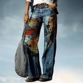 Sieviešu bikses ar platām kājām brīvi džinsi Y2k rudens jauns 3D apdrukas ziedu raksts ikdienas modes ērts ielas lielizmēra apģērbs