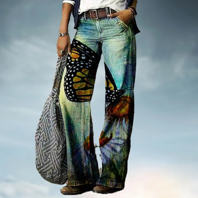 Sieviešu bikses ar platām kājām brīvi džinsi Y2k rudens jauns 3D apdrukas ziedu raksts ikdienas modes ērts ielas lielizmēra apģērbs