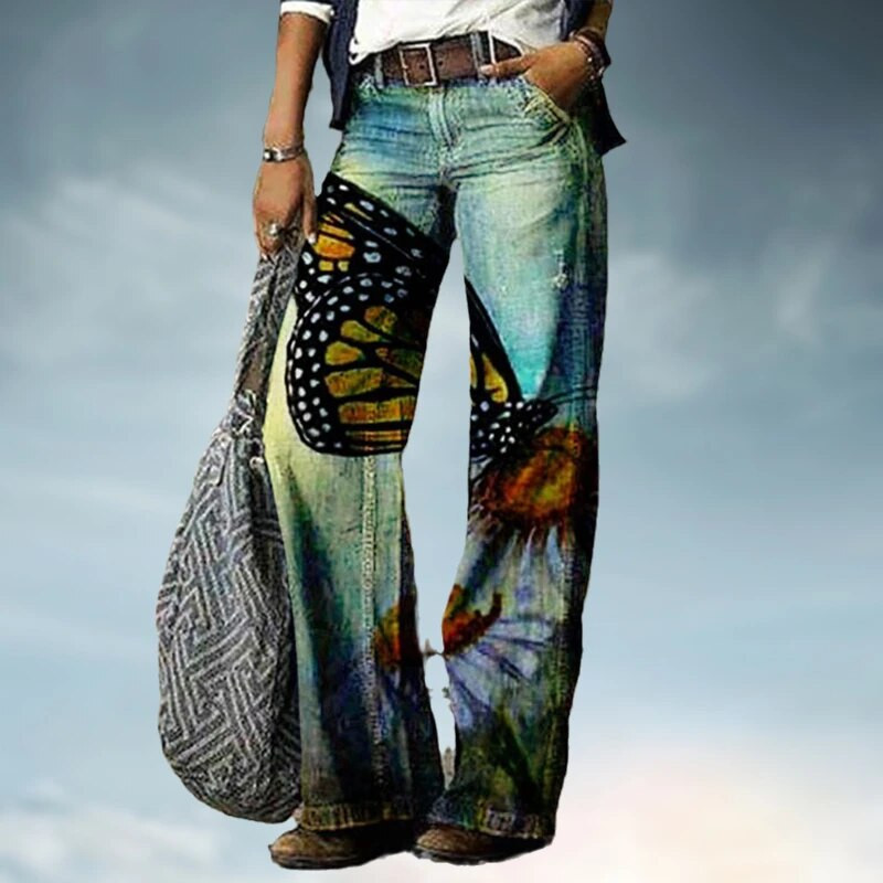 Sieviešu bikses ar platām kājām brīvi džinsi Y2k rudens jauns 3D apdrukas ziedu raksts ikdienas modes ērts ielas lielizmēra apģērbs