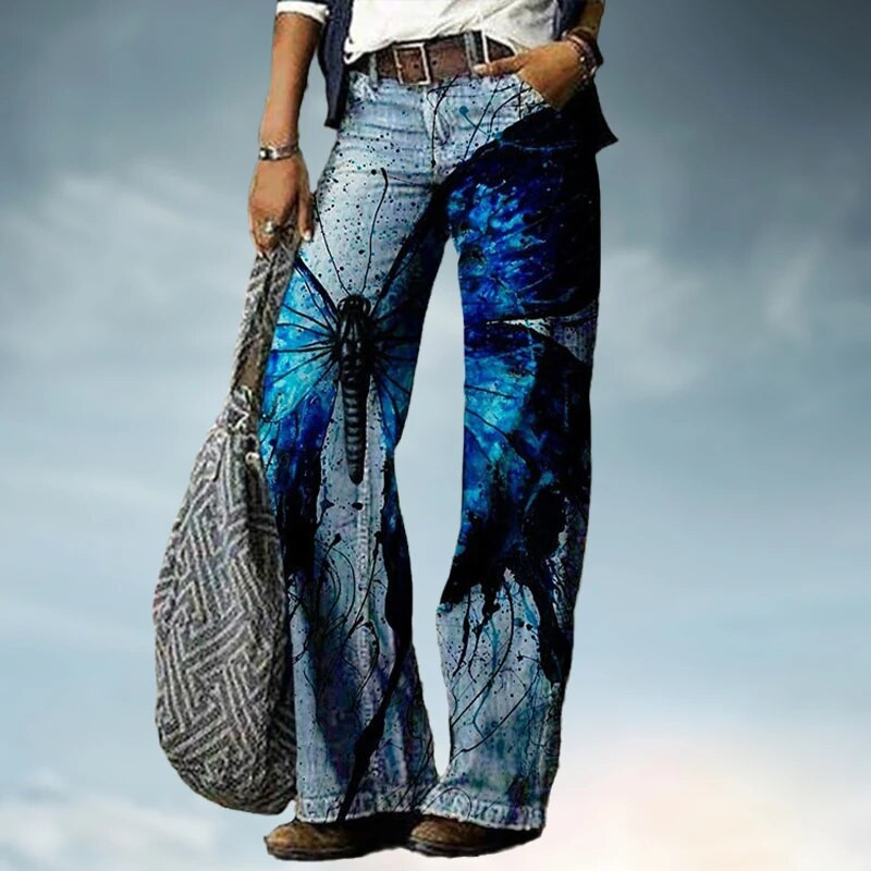 Sieviešu bikses ar platām kājām brīvi džinsi Y2k rudens jauns 3D apdrukas ziedu raksts ikdienas modes ērts ielas lielizmēra apģērbs