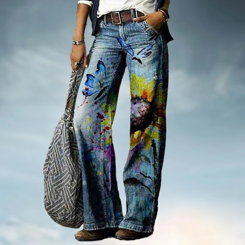 Sieviešu bikses ar platām kājām brīvi džinsi Y2k rudens jauns 3D apdrukas ziedu raksts ikdienas modes ērts ielas lielizmēra apģērbs