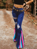 Vintage Wash Distressed Stripe Panel Jeans Γυναικεία casual ψηλόμεσο τζιν παντελόνι με ριγέ εμπριμέ με στάμπα Raw Flare denim