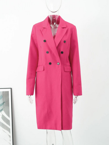 Розово червено двуредно тренчкот с ревер Дамски есенно-зимни широки женски дълги палта с дълги ръкави Елегантно офис дамско облекло