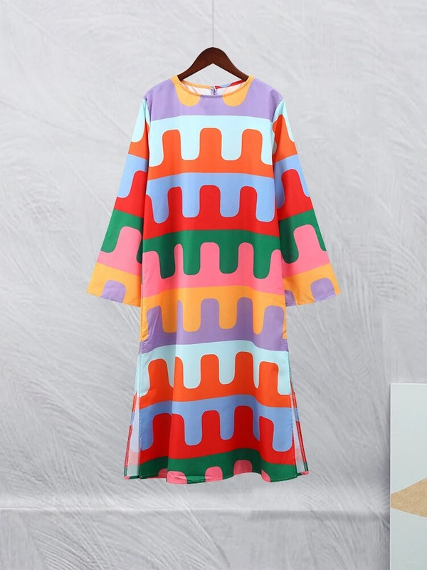 Elegantne vikerkaaretrükiga naiste lõhestatud midikleit, moodne kaelus pikkade varrukatega rüü 2023. aasta sügis, naiste põhjus, lahtised vestid