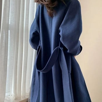 Φθινοπωρινό Χειμωνιάτικο Γυναικείο μάλλινο υφασμάτινο παλτό Ζεστό μακρύ παλτό με διπλό στήθος Ναυτικό μπλε γυναικείο κομψό πανωφόρι φαρδιά παλτό