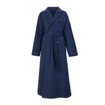 Φθινοπωρινό Χειμωνιάτικο Γυναικείο μάλλινο υφασμάτινο παλτό Ζεστό μακρύ παλτό με διπλό στήθος Ναυτικό μπλε γυναικείο κομψό πανωφόρι φαρδιά παλτό