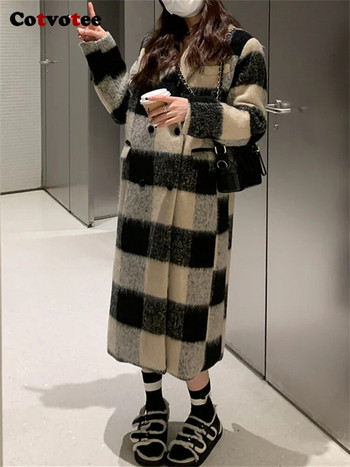 Cotvotee καρό χοντρό μάλλινο γυναικείο παλτό Φθινόπωρο Χειμώνας 2023 Vintage Διπλό Μακρύ Παλτό Casual Turn Down γιακά Χαλαρό μπουφάν