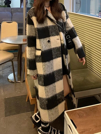 Cotvotee ruuduline paks villane mantel naiste sügistalv 2023, vintage kaherealine pikk mantel vabaaja lahtise kraega lahtine jakk