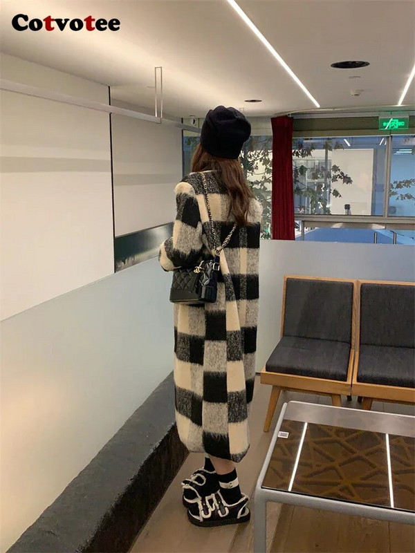 Cotvotee ruuduline paks villane mantel naiste sügistalv 2023, vintage kaherealine pikk mantel vabaaja lahtise kraega lahtine jakk