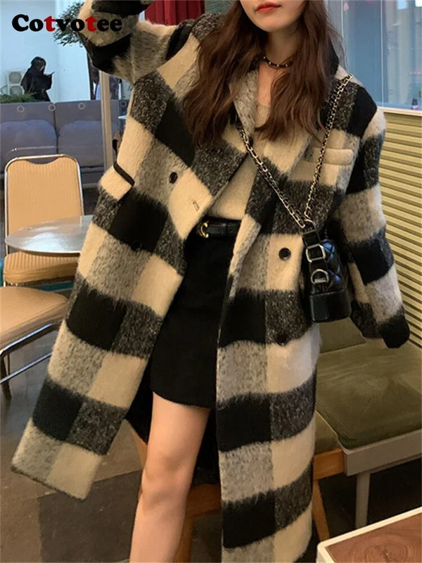 Cotvotee ruuduline paks villane mantel naiste sügistalv 2023, vintage kaherealine pikk mantel vabaaja lahtise kraega lahtine jakk