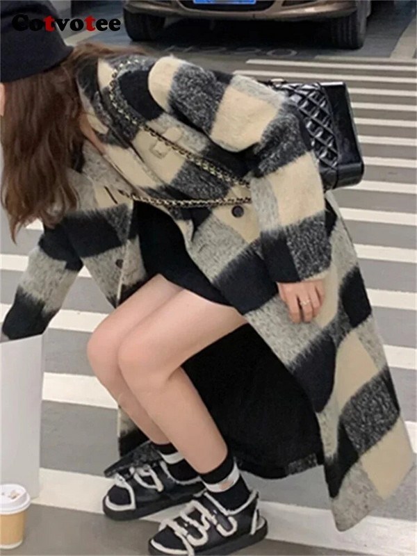 Cotvotee ruuduline paks villane mantel naiste sügistalv 2023, vintage kaherealine pikk mantel vabaaja lahtise kraega lahtine jakk