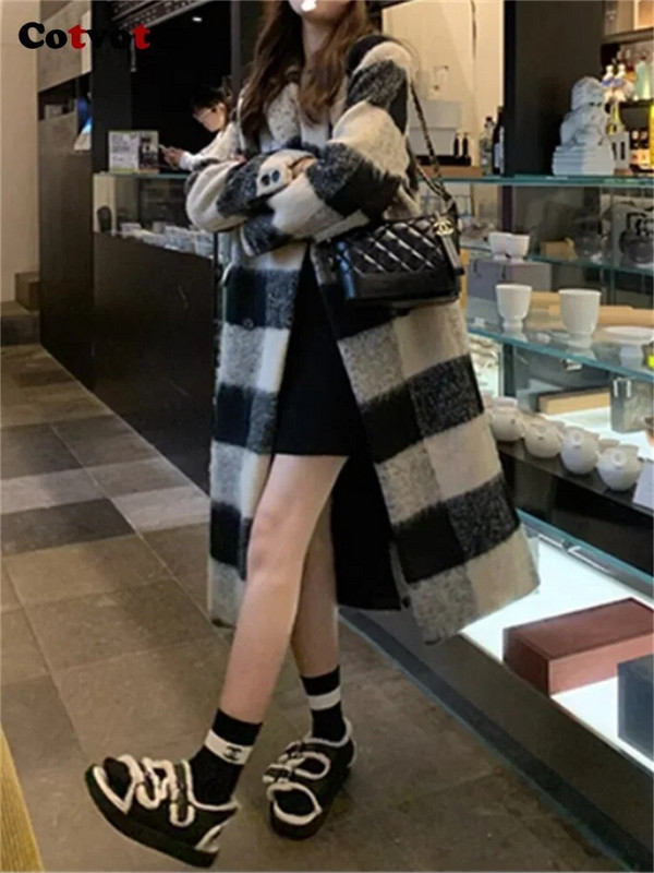 Cotvotee ruuduline paks villane mantel naiste sügistalv 2023, vintage kaherealine pikk mantel vabaaja lahtise kraega lahtine jakk