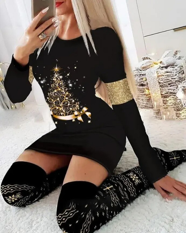 Božićne haljine za žene s printom božićnog drvca, dugih rukava, s O-izrezom, ležerna mini haljina uz kros, modna jesen 2022.