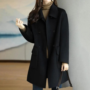 Γυναικείο παλτό μονόχρωμο μακρυμάνικο πέτο Ζακέτα μεσαίου μήκους Keep ζεστό Διπλό στήθος Παχύ χειμερινό παλτό